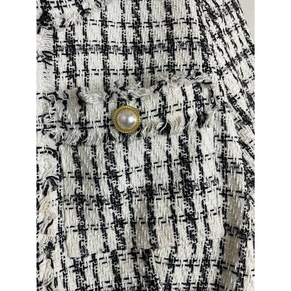 Chic Tweed Pearl Button Crop Jacket | Black White Plaid Bouclé Blazer S - Picture 6 of 9
